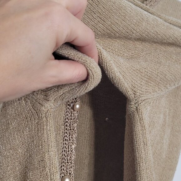 MOFFI Women's Tan Brown Embroidered Floral Button Knit Cardigan Crocheted Trim L - Picture 5 of 14